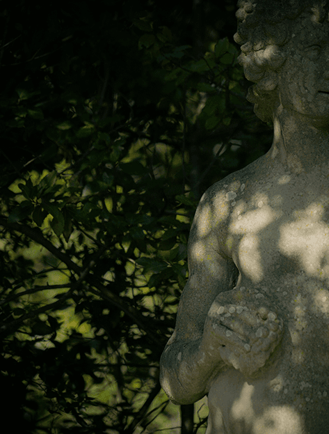 A section of an old marble statue in the Boboli Gardens, Florence, that is covered in mould in some sections