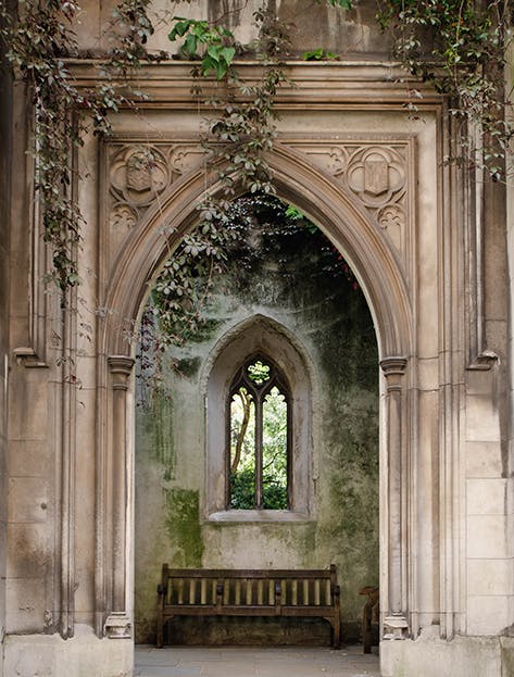 Foliage grows inside the bombed out St Dunstan in the East Church
